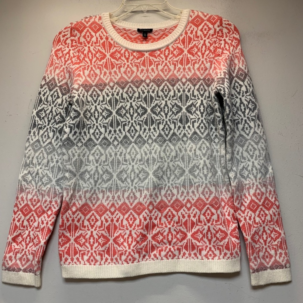 Talbots Fair Isle Sweater Womens XS Pink Gray Excellent Lambswool Blend Pullover